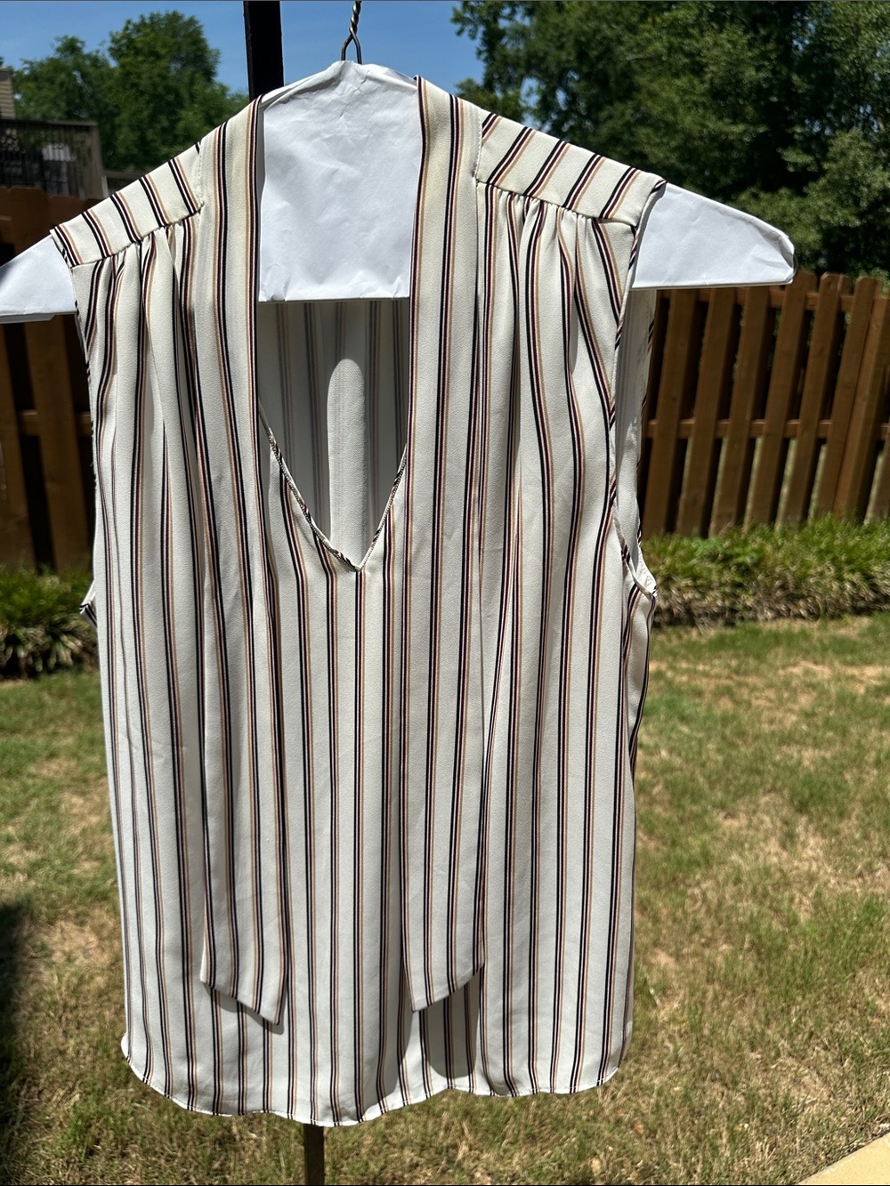 White House Black Market Cream Burgandy and brown Striped Sleeveless Blouse